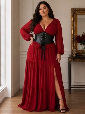 Plus Size Black Vintage Style Lace Up Faux Leather‎ Elastic Back Closure
